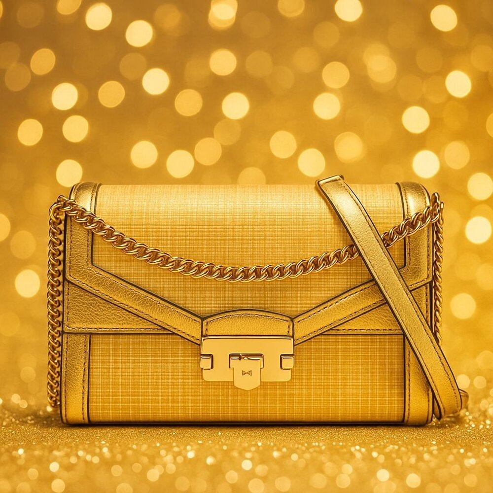 Michael Kors Kinsley Gold Textured Shoulder Crossbody Bag Chain Strap Push Lock